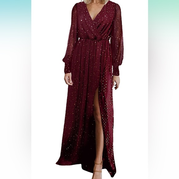 Long Sleeve Maxi Dress with Slit Red - Picture 1 of 5